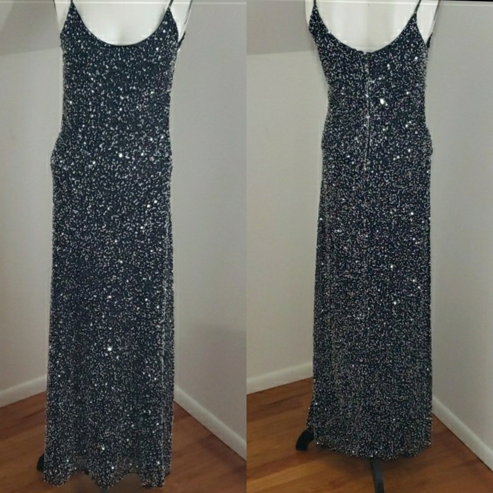 Vintage Papell Boutique Evening Sequined Beaded Black Maxi dress, Size 4.
